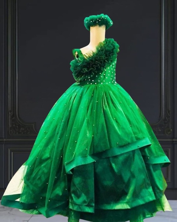 Green baby princess cascade gown, toddler girl, birthday or party, elegant and cute