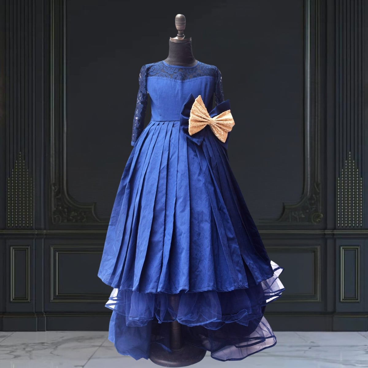 Luxury royal blue high-low dress for girls, stylish birthday gown
