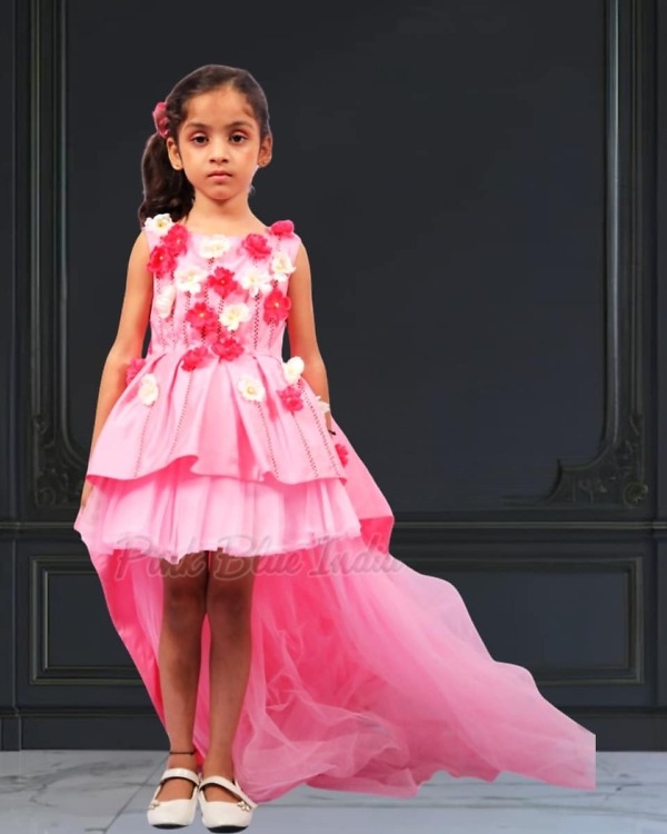 Pink birthday long-tail gown for baby girls, cute party dress