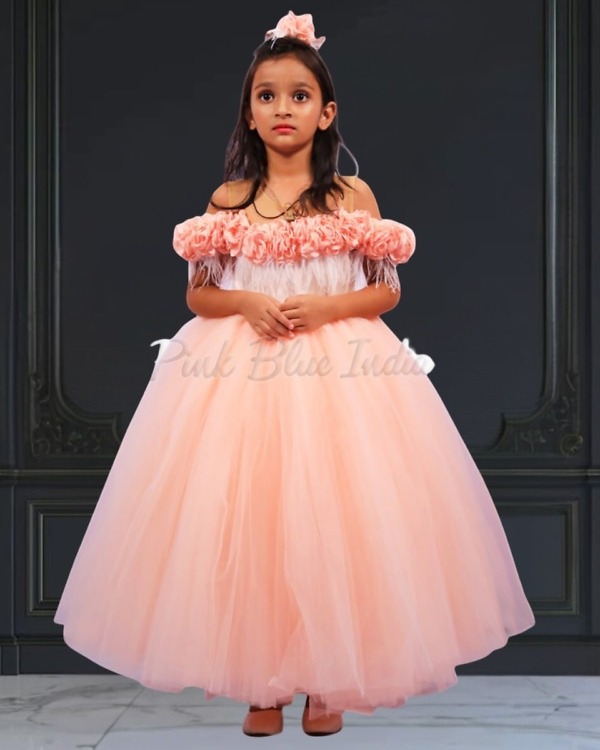 Designer peach gown for girls with premium finish ideal for wedding party and celebration wear