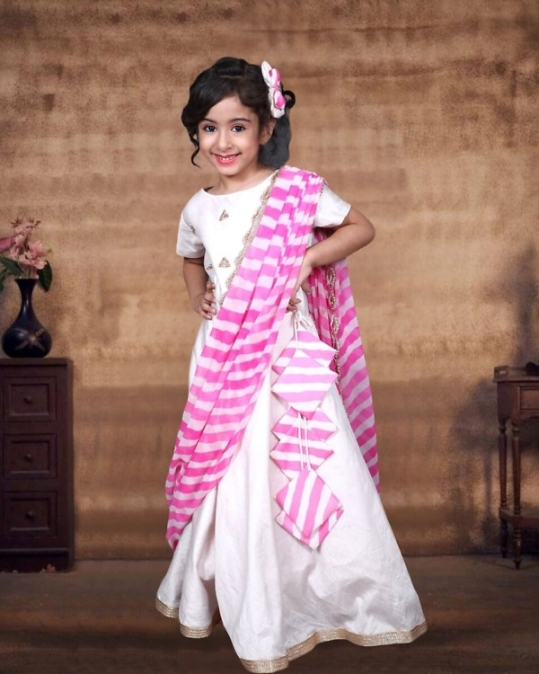 Pink ethnic gown with Jaipur leheriya dupatta, baby girl festive wear