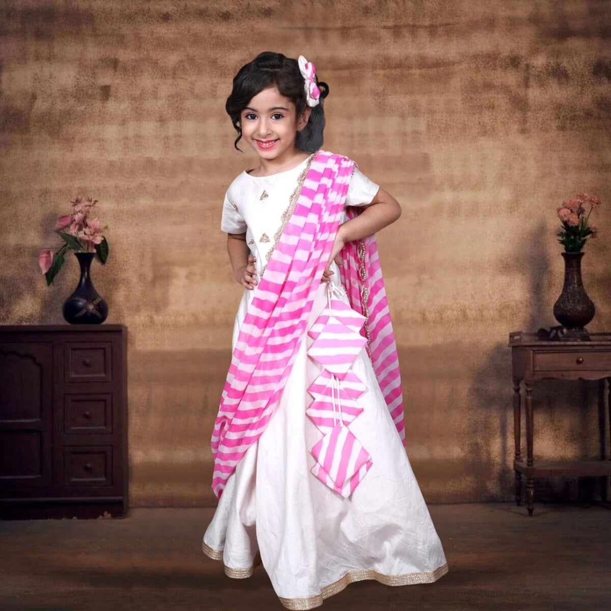 Pink ethnic gown with Jaipur leheriya dupatta, baby girl festive wear