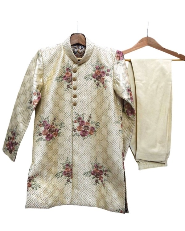 Gold sherwani with churidar pajama for kids, stylish and festive for weddings