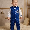Baby boy royal blue prince bandhgala costume with golden trim for first birthday photoshoot