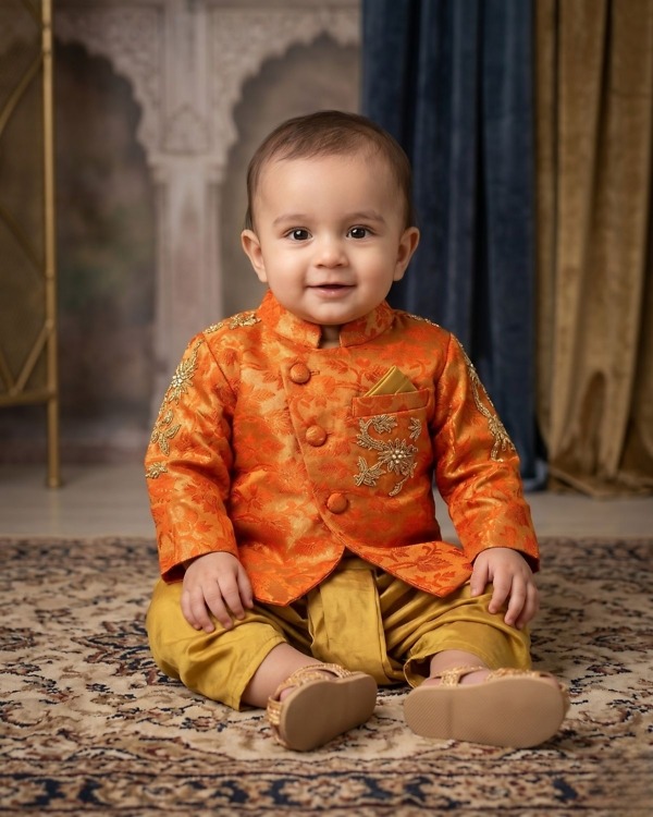 Cute baby boy orange kurta with green pajama, ethnic festival outfit for Diwali & birthdays