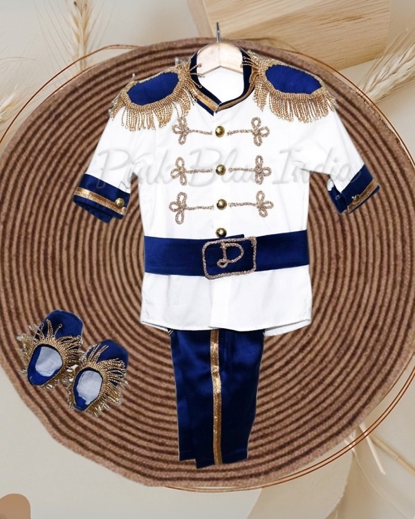 Royal prince costume for baby boy in blue gold design, stylish outfit for birthday photoshoot
