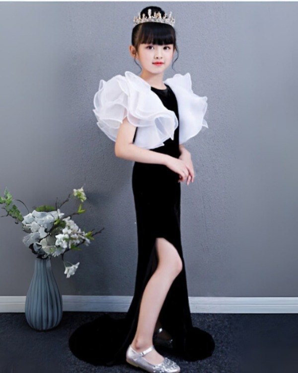 Little girls slit dress front view stylish party wear outfit