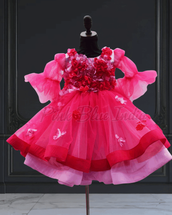 Balloon sleeve layered gown for baby girl, stylish birthday dress for party wear