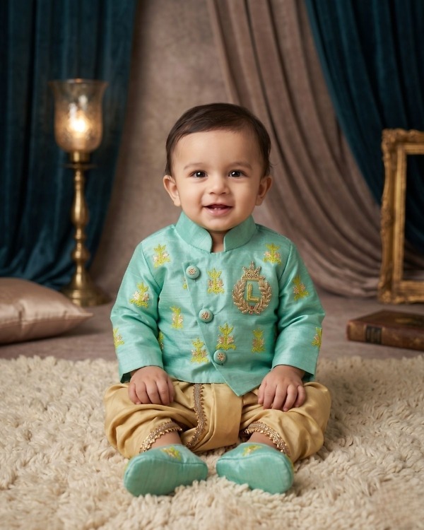 Silk Dhoti Green Sherwani for 0-18 months Baby Boy