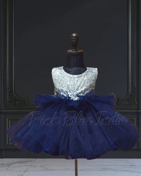 Blue designer dress for baby girl stylish birthday party wear outfit