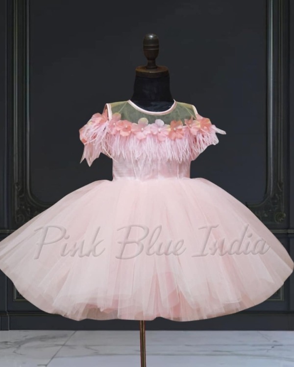 Feather gown for baby girl stylish birthday party wear elegant outfit