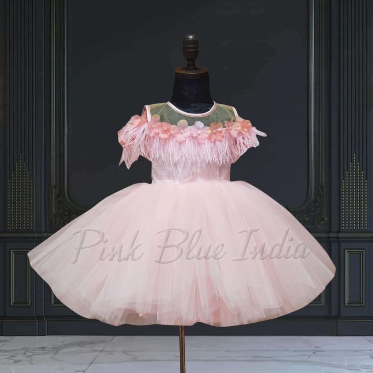 Feather gown for baby girl stylish birthday party wear elegant outfit
