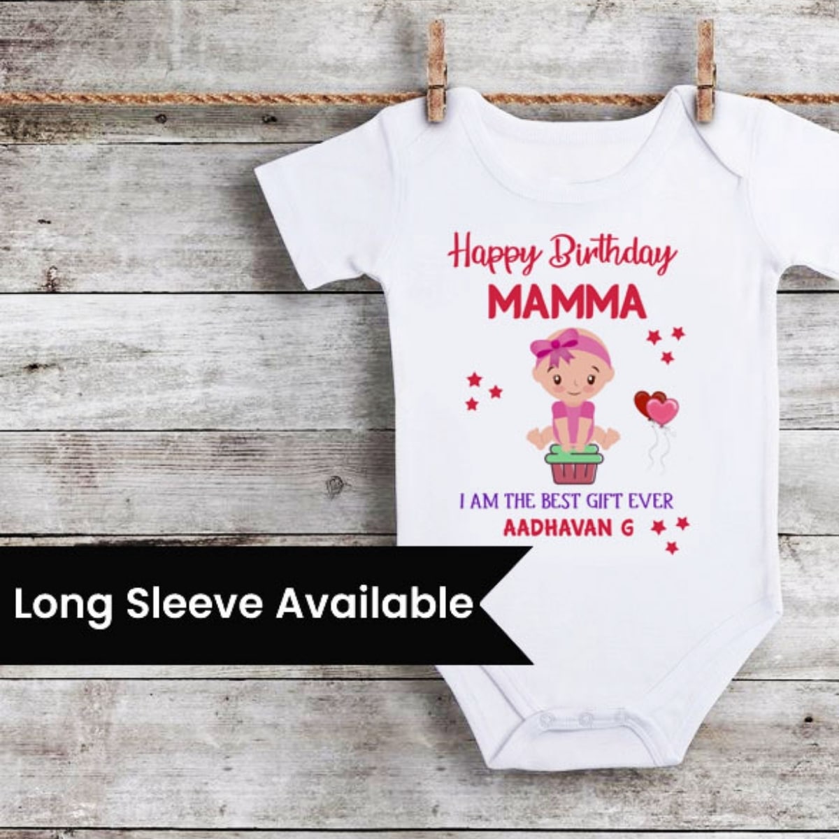 โHappy Birthday Mommyโ baby romper, cute and playful for gifting or celebrations