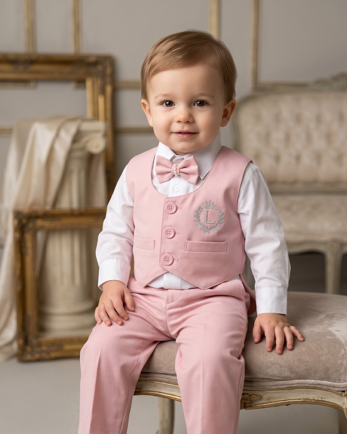 Newborn baby boy pink waistcoat with white shirt, bow tie and pants, cute personalised first birthday outfit