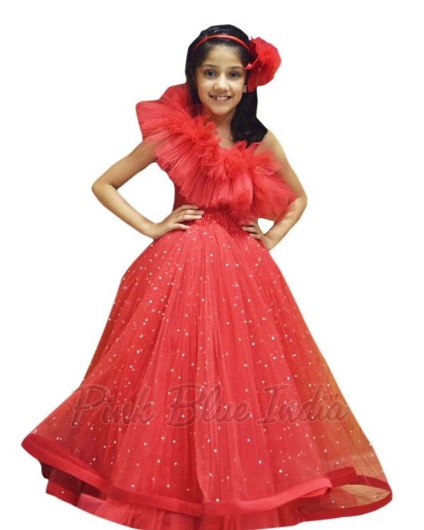 Red party gown for girls, stylish festive outfit, cute