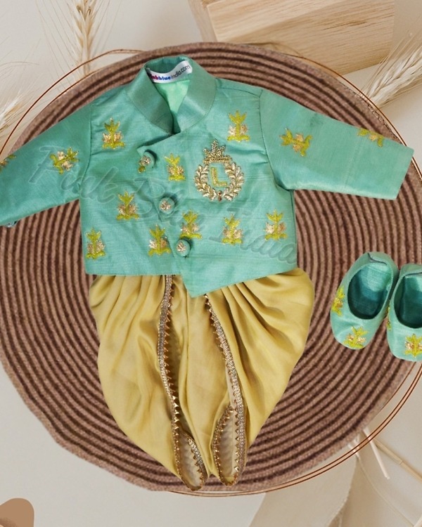 Green silk dhoti sherwani for baby boy stylish wedding festive wear outfit