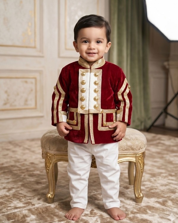 Baby boy maroon golden royal king prince costume with cream pants for first birthday gift