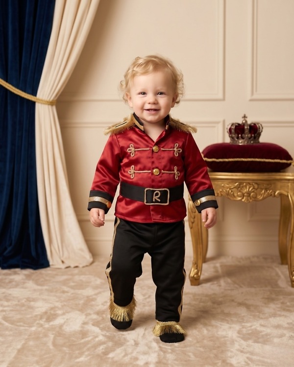 Baby king costume for toddler kids, a regal first birthday party outfit with cinematic royal styling