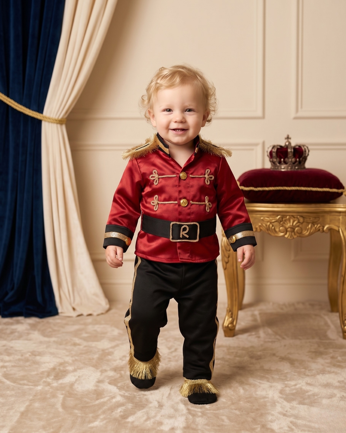 Baby king costume for toddler kids, a regal first birthday party outfit with cinematic royal styling