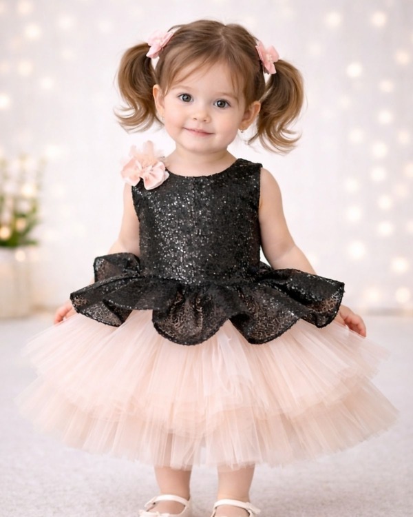 Black peach baby girl dress frock, tutu party gown for kids birthday outfit