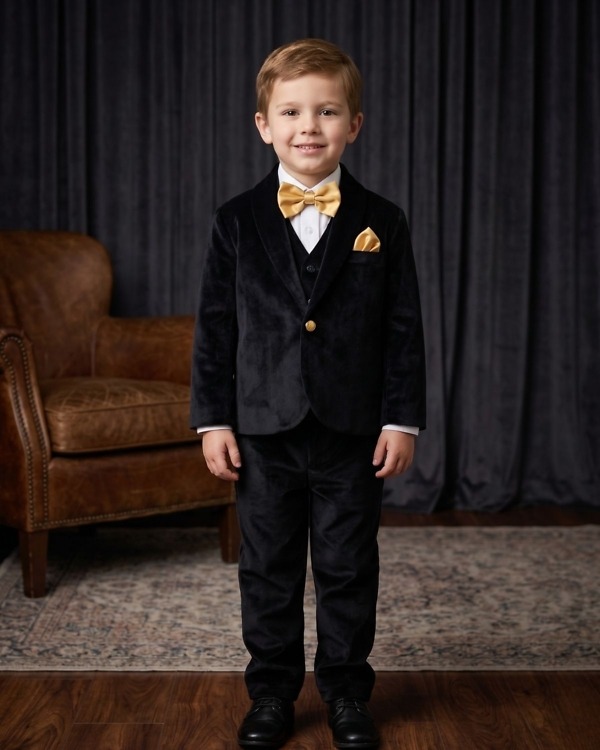 Toddler boy black velvet 3 piece suit with golden bow tie for wedding ethnic ceremony party