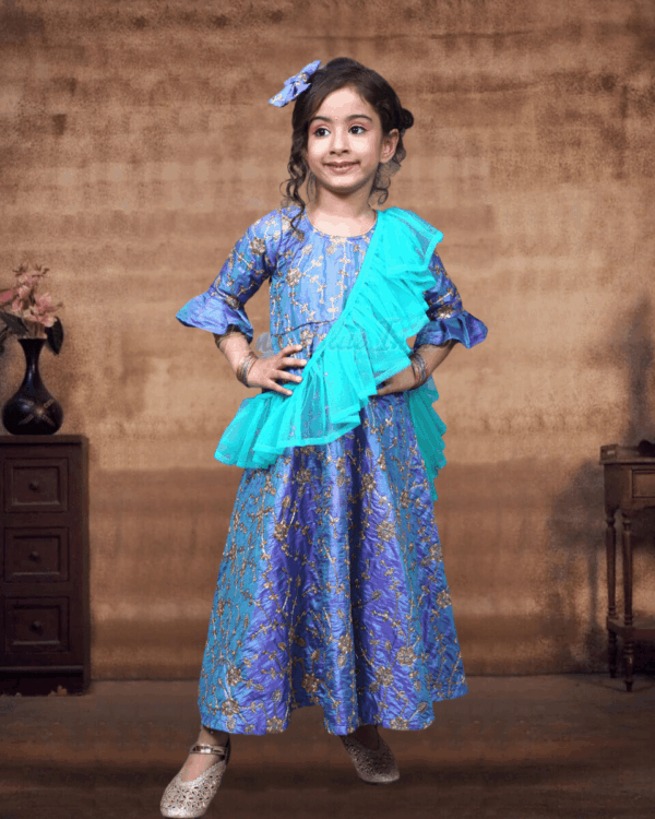 Blue ethnic gown for baby girl, elegant and comfortable outfit for wedding and festive wear