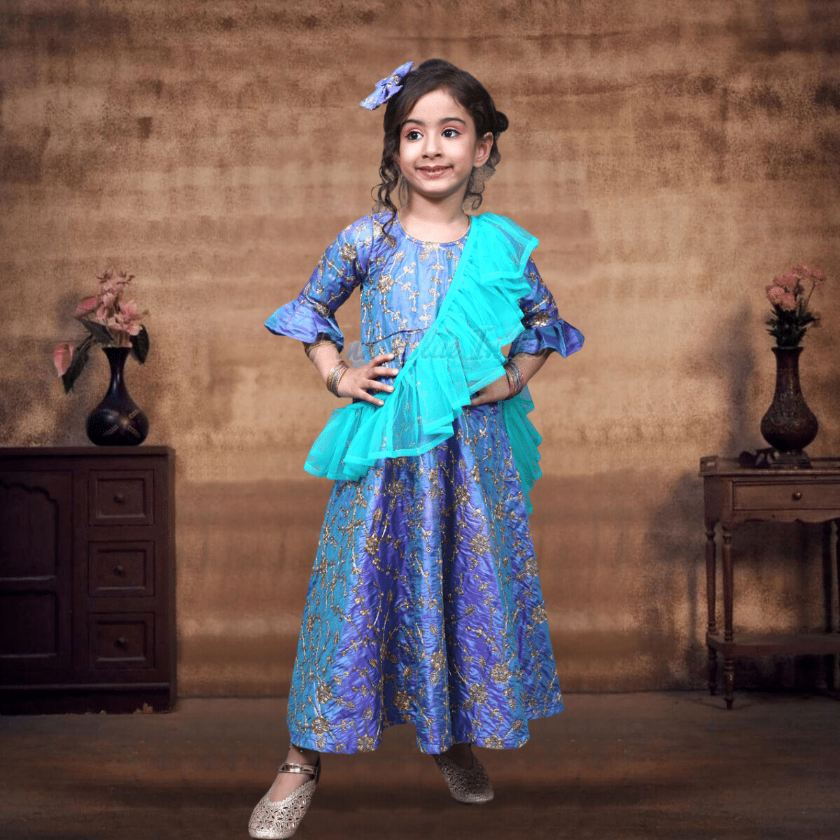 Blue ethnic gown for baby girl, elegant and comfortable outfit for wedding and festive wear