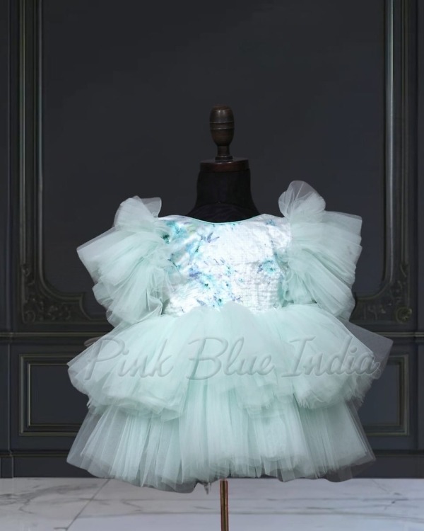 Green sequin gown for baby girl stylish birthday party wear outfit