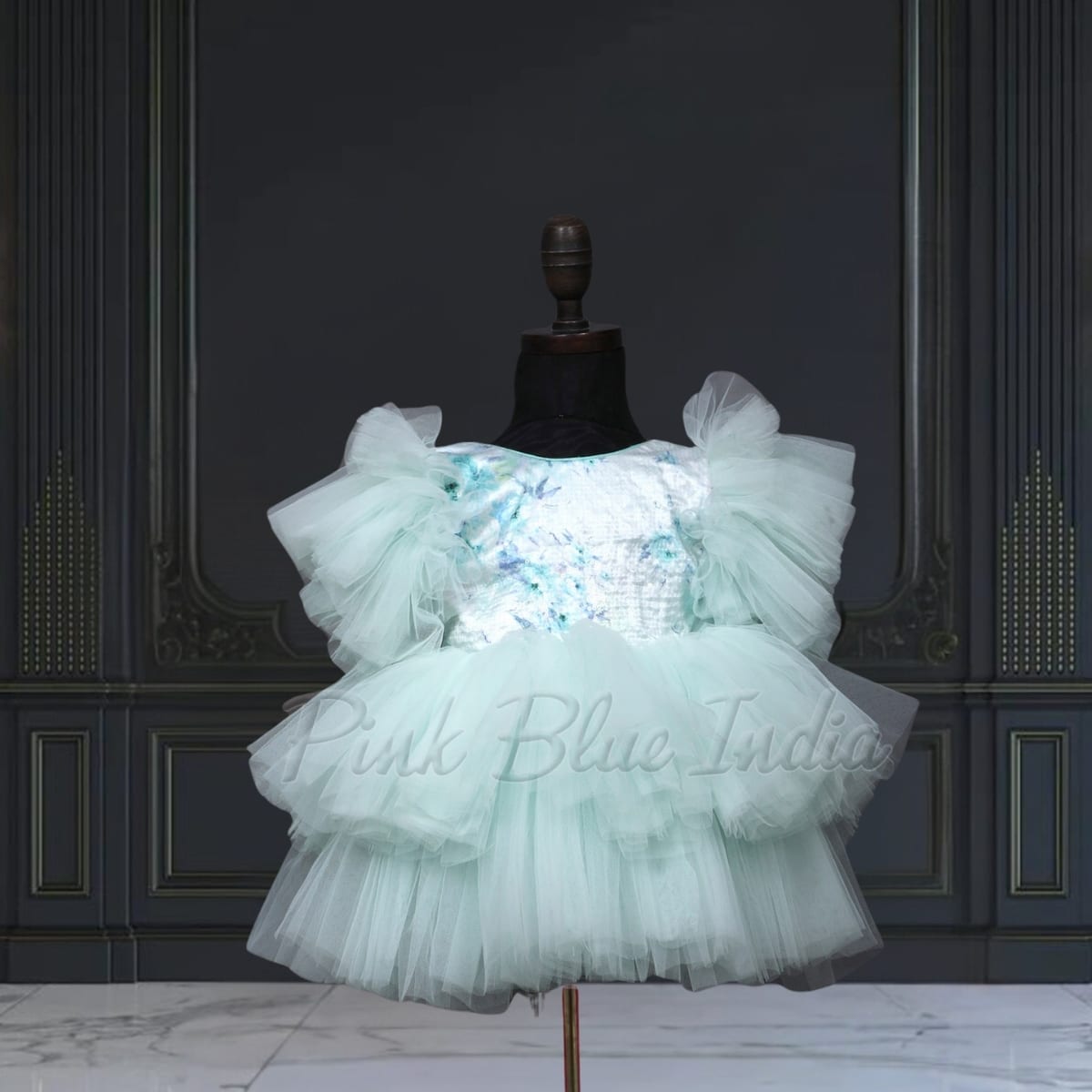 Green sequin gown for baby girl stylish birthday party wear outfit