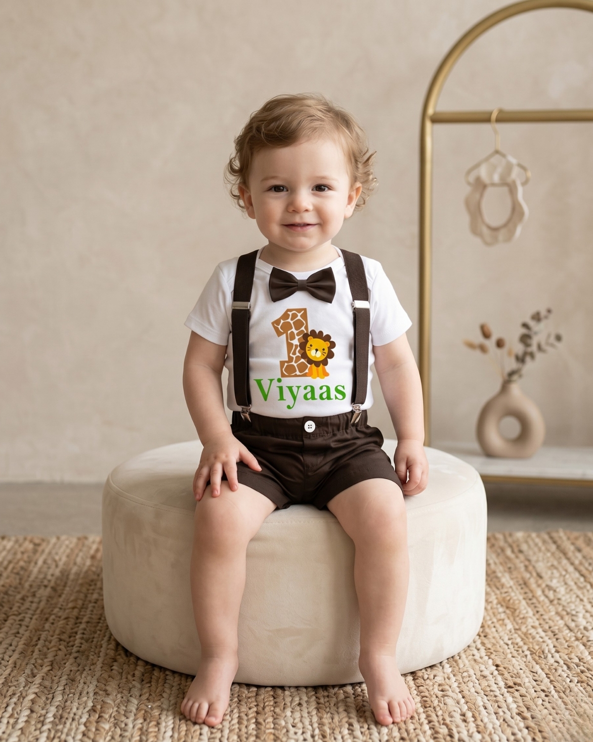 Jungle theme safari first birthday outfit for baby boys, an adventure-ready cake-smash party costume