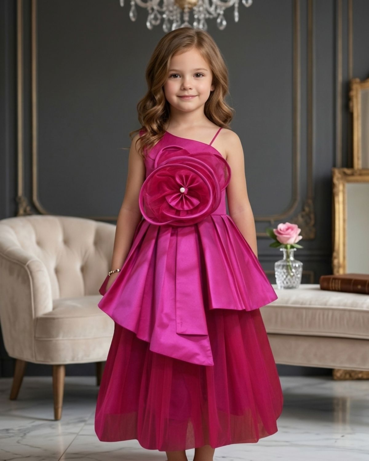 Magenta girls dress frock, ethnic party wear outfit for kids, festive birthday dress