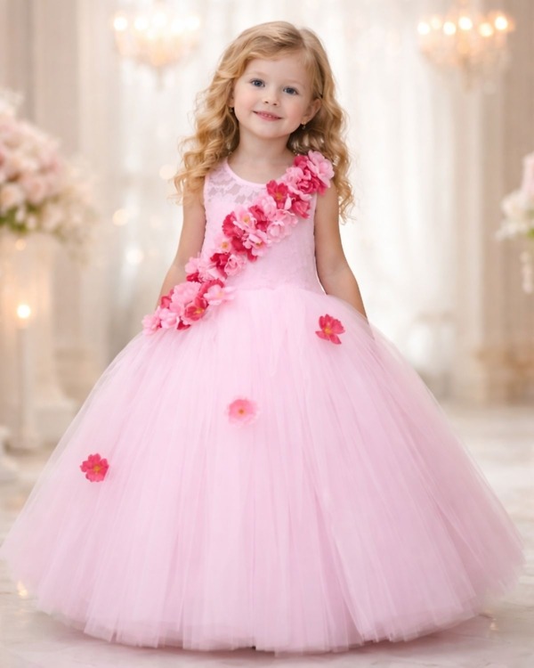 Pink princess dress frock for girls, birthday party gown for kids, fluffy tutu outfit