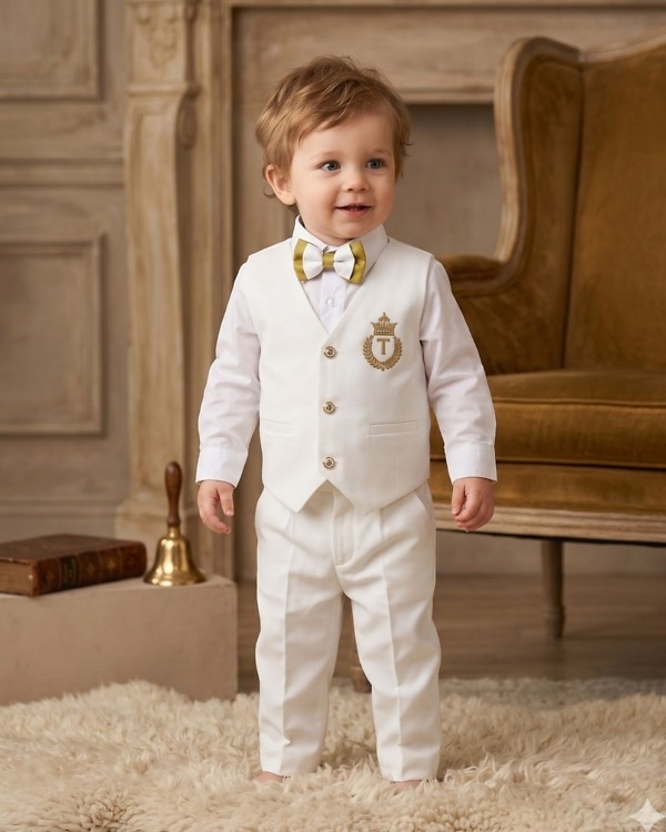 Toddler boy cream off white embroidered waistcoat suit for first birthday party kids gift