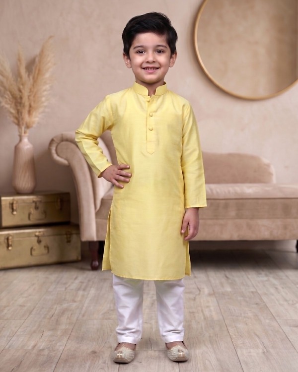 Toddler boy lemon yellow kurta with white pajama for festival cute ethnic family kids wear