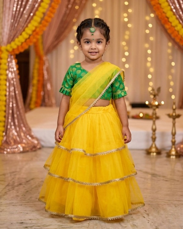 Kids girl yellow green designer lehenga for haldi ceremony cute festive ethnic celebration dress