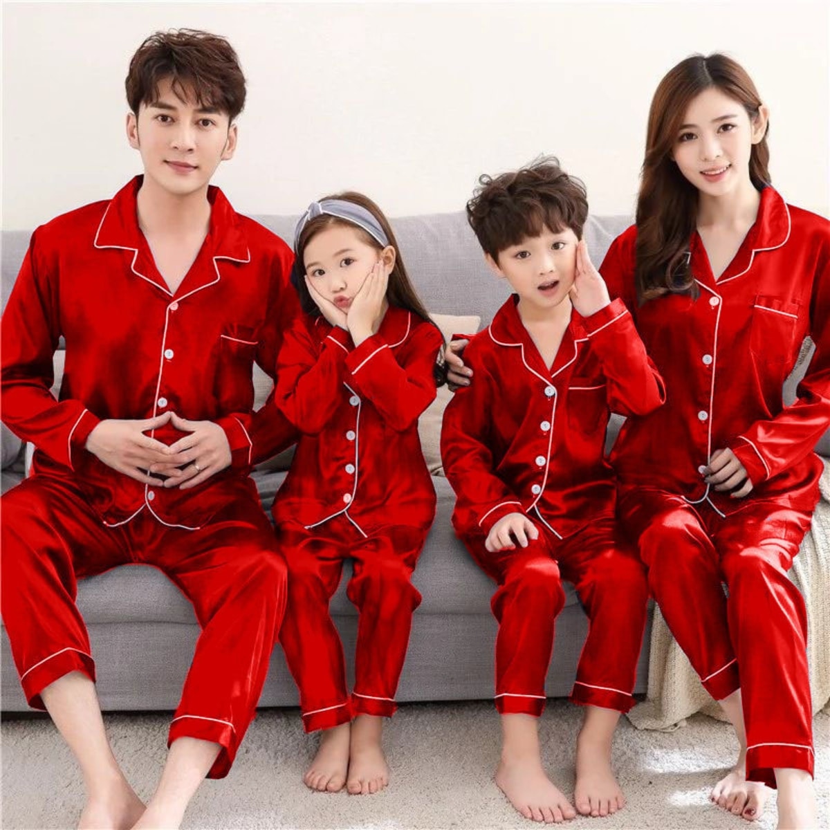 Red family night suit, stylish matching festive outfit