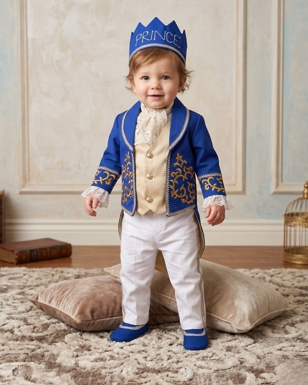 Baby boy royal blue prince blazer with white pants and cap for first birthday royal photoshoot