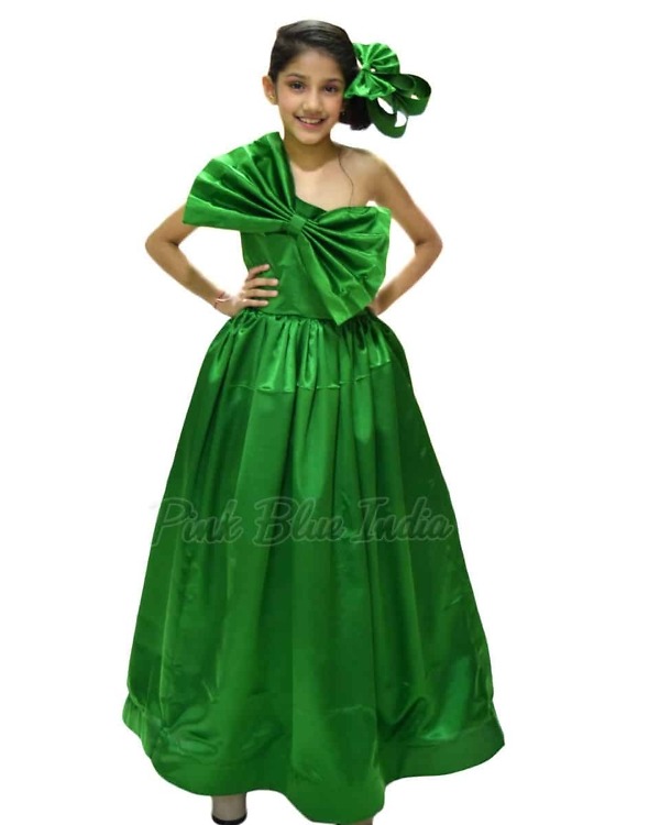 Green one shoulder gown for baby girl stylish birthday party wear outfit