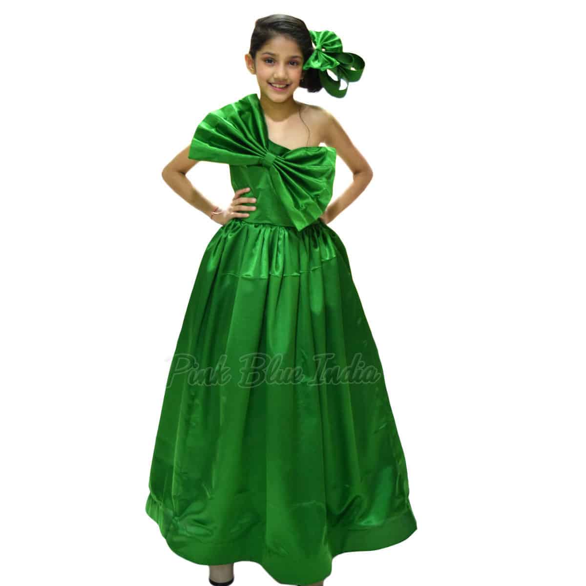 Green one shoulder gown for baby girl stylish birthday party wear outfit