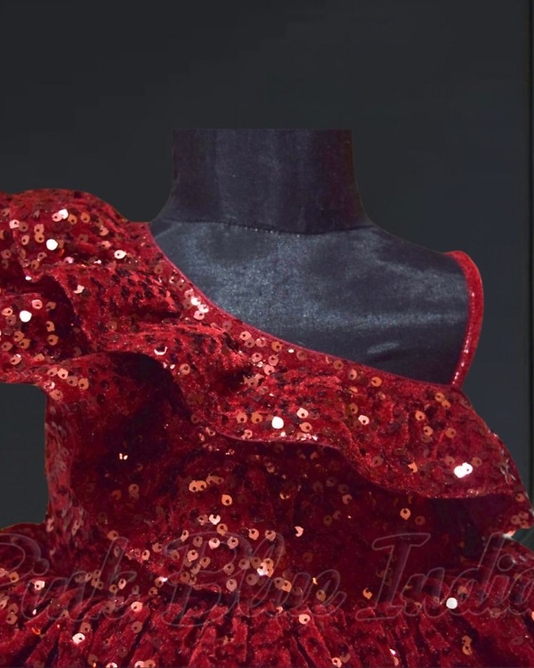 Maroon one shoulder ruffled dress for girls front view stylish look