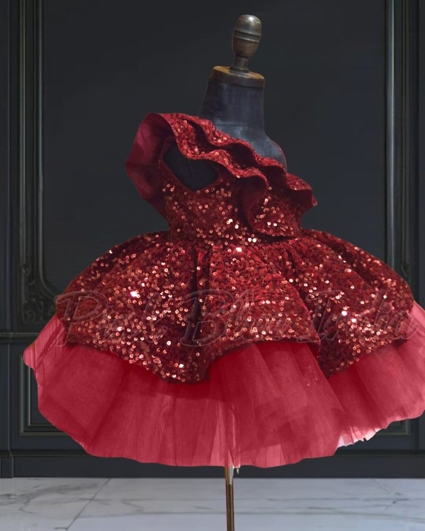 Maroon one shoulder ruffled dress for girls side view trendy outfit