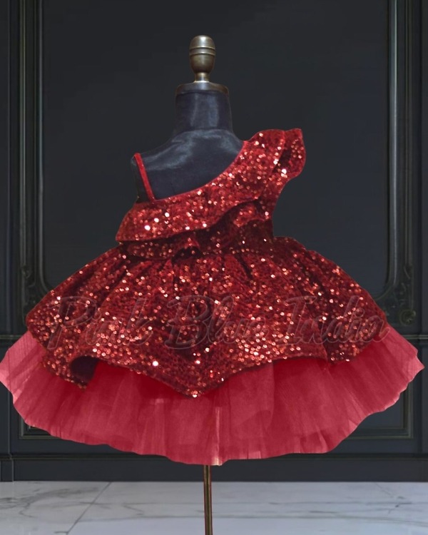 Maroon one shoulder ruffled dress for girls back view party wear