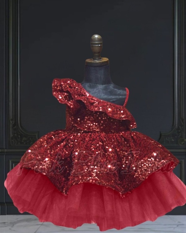 Maroon ruffled one shoulder dress for baby girl, stylish party wear for birthdays