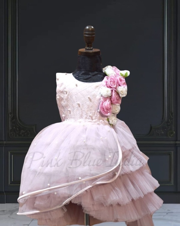 Mauve layered wings gown for baby girl, elegant party wear for birthday and photoshoot