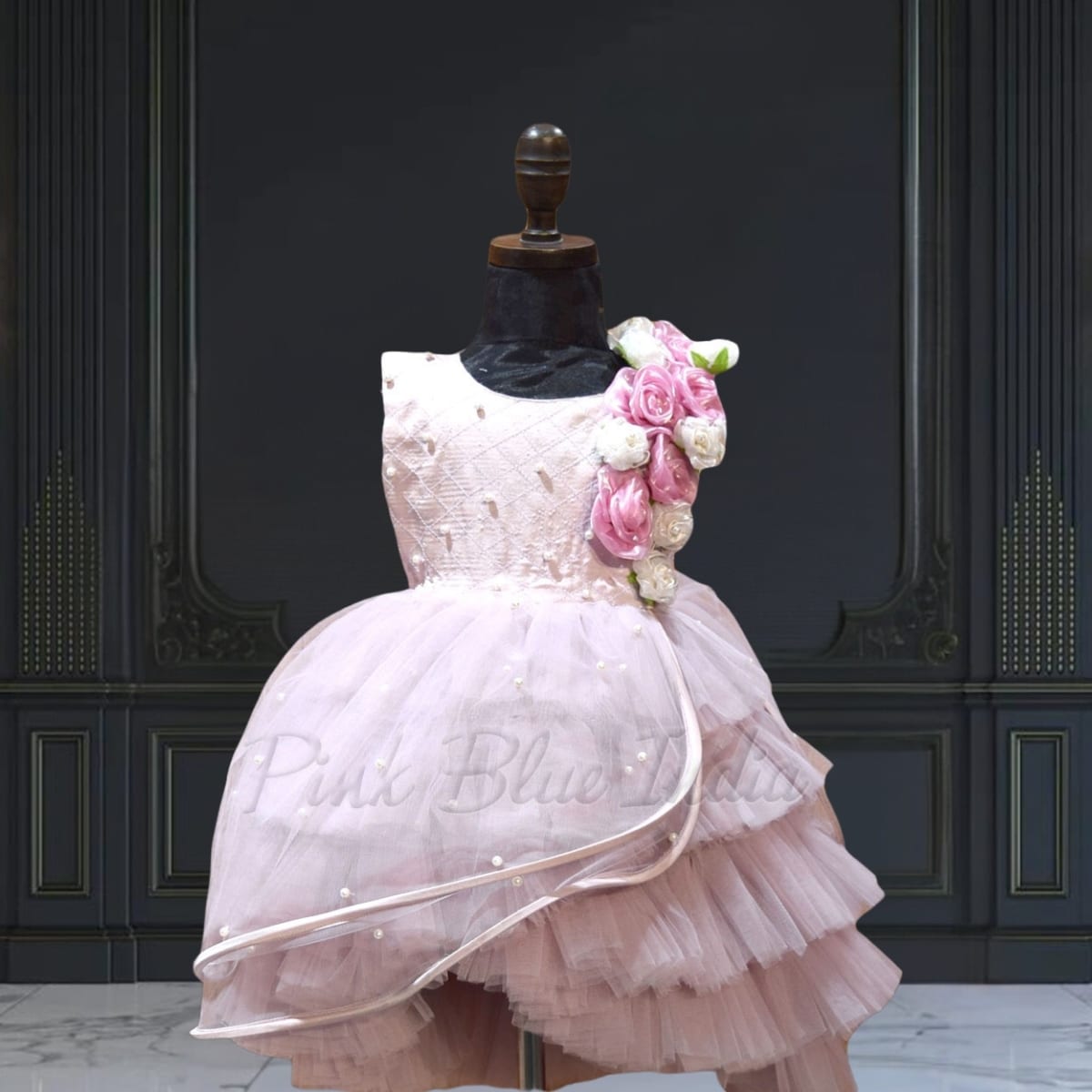 Mauve layered wings gown for baby girl, elegant party wear for birthday and photoshoot