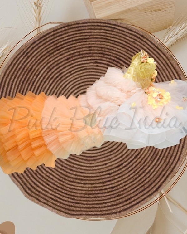 Orange peach birthday gown for baby girl, stylish party dress for celebration