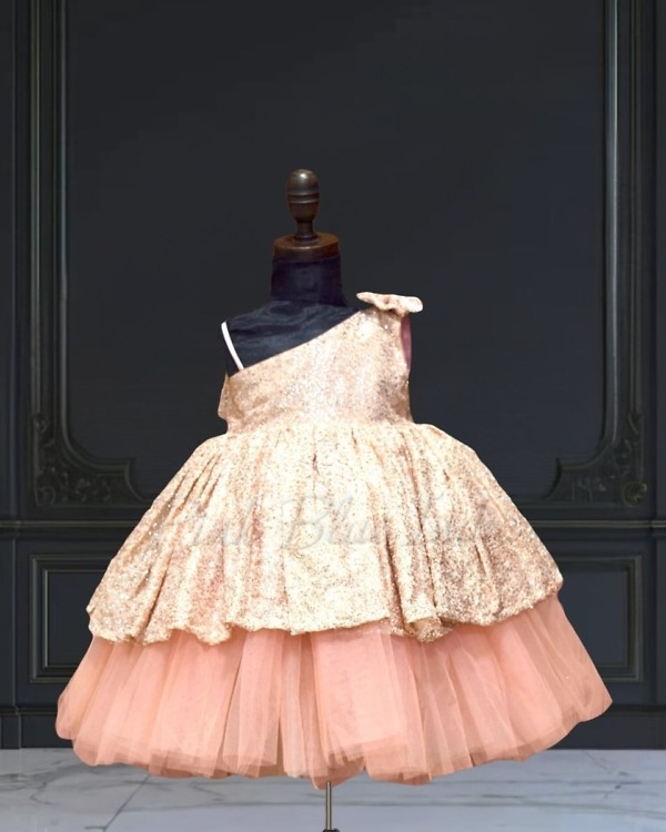 Peach sequin net dress for baby girl, stylish party wear for birthday