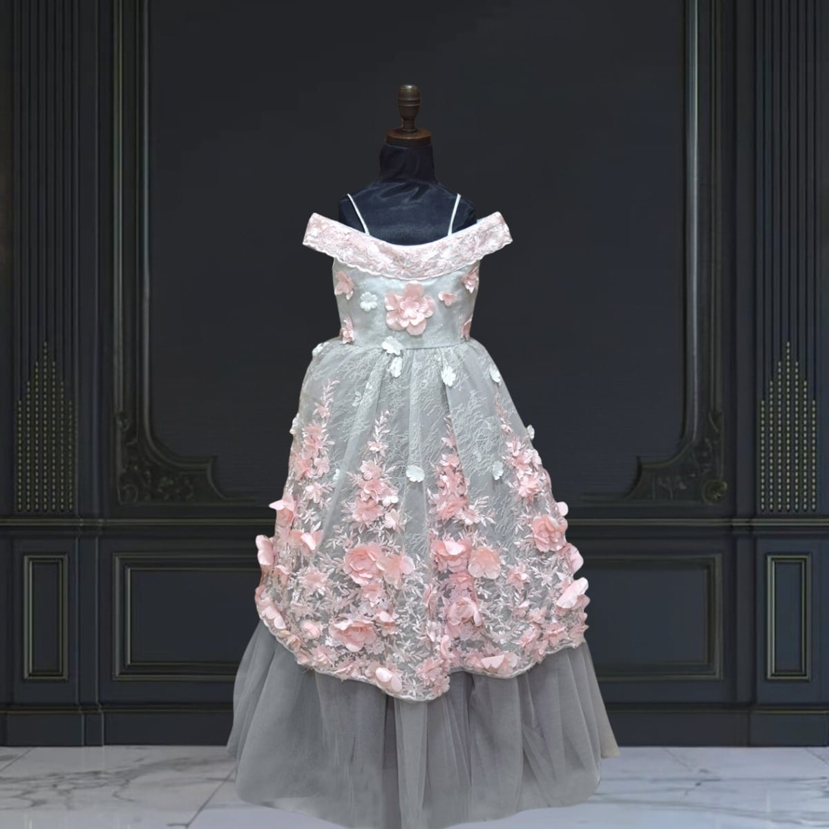 Grey flower girl gown for baby girl, elegant princess dress for weddings
