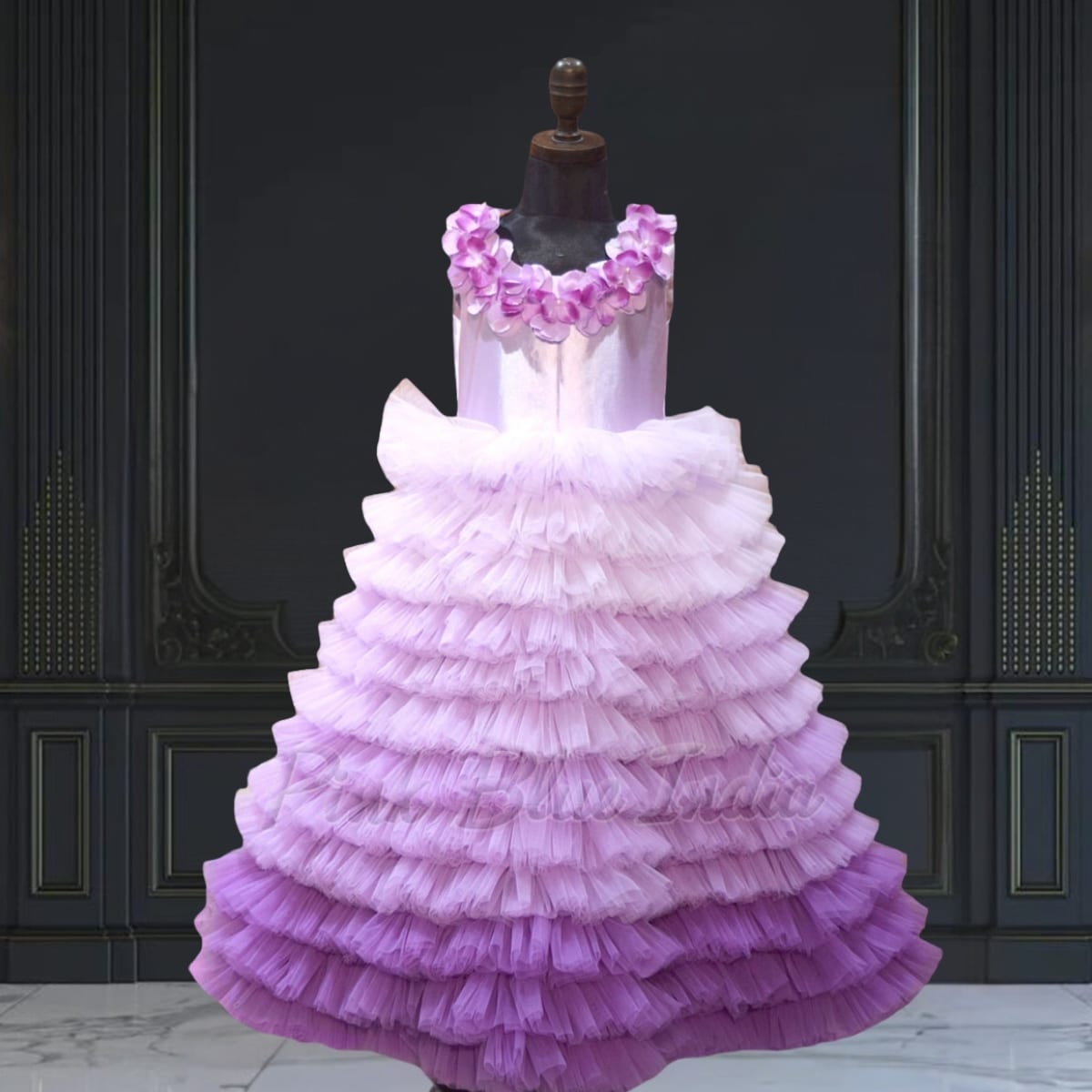 Purple ombre gown for baby girl, elegant party wear for birthday and special occasions
