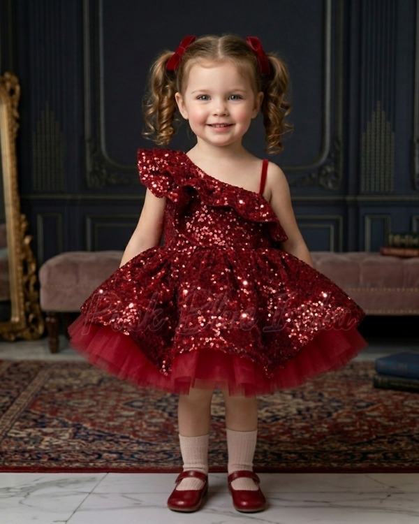 Red sequin girls dress frock, birthday party gown for kids, stylish festive wear outfit